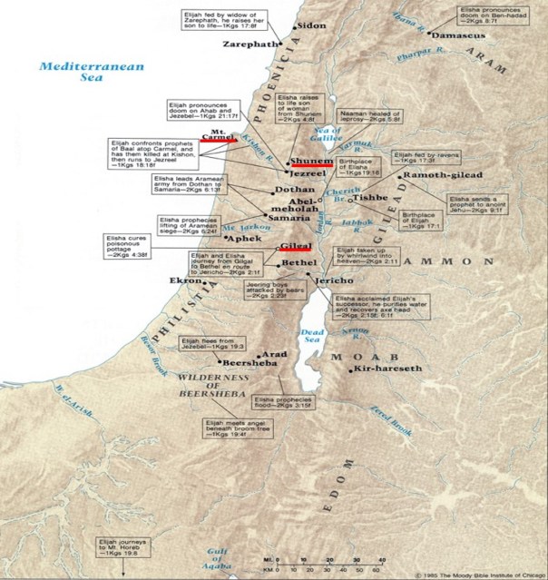Map of Mount Carmel, Shunem and Gilgal